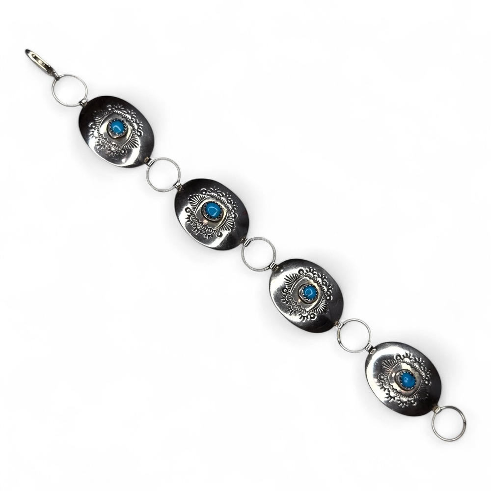 Vintage Southwestern Sterling Silver‎ Hand Stamped Turquoise Link Bracelet
